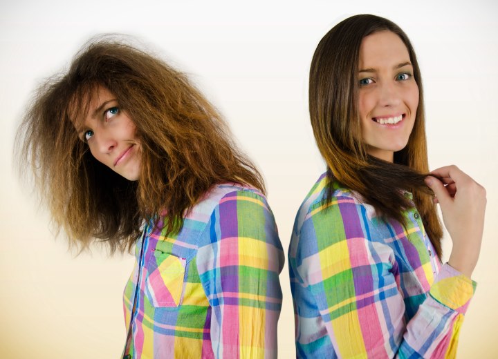 Woman before and after hair straightening